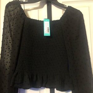 Lush Dorothy Sheer Sleeve Clip Dot Blouse in Black.